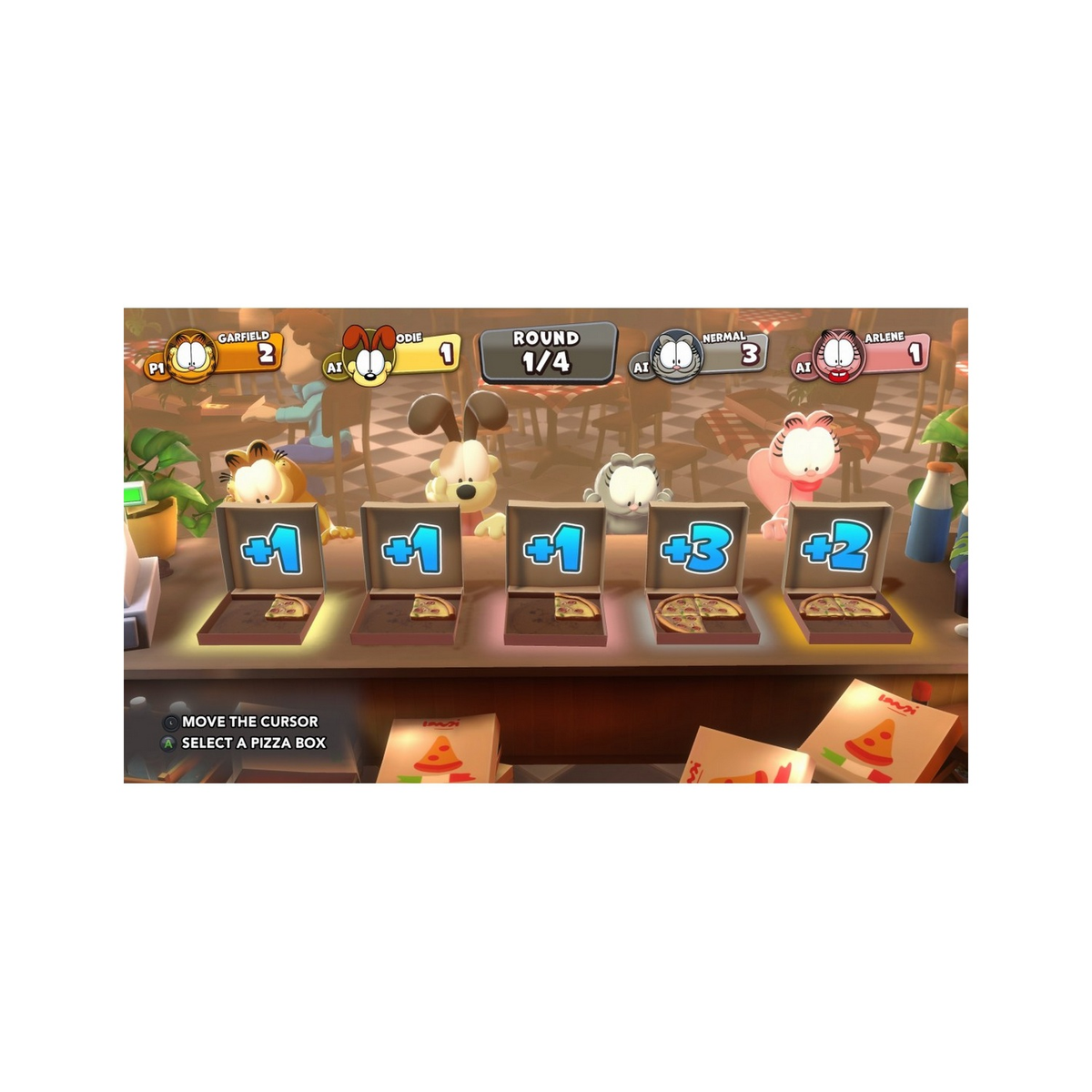 Garfield i przyjaciele grają w grę w robienie pizzy. Widoczne są pudełka po pizzy i różne tablice wyników.
