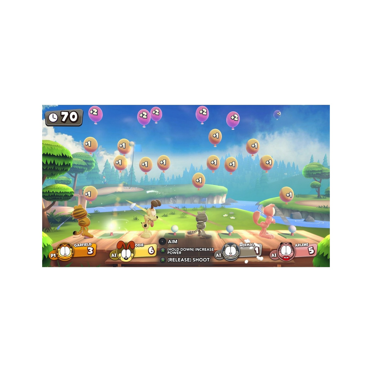 Ekran gry w golfa Garfield, postacie i dymki z wynikami z liczbami na niebie.