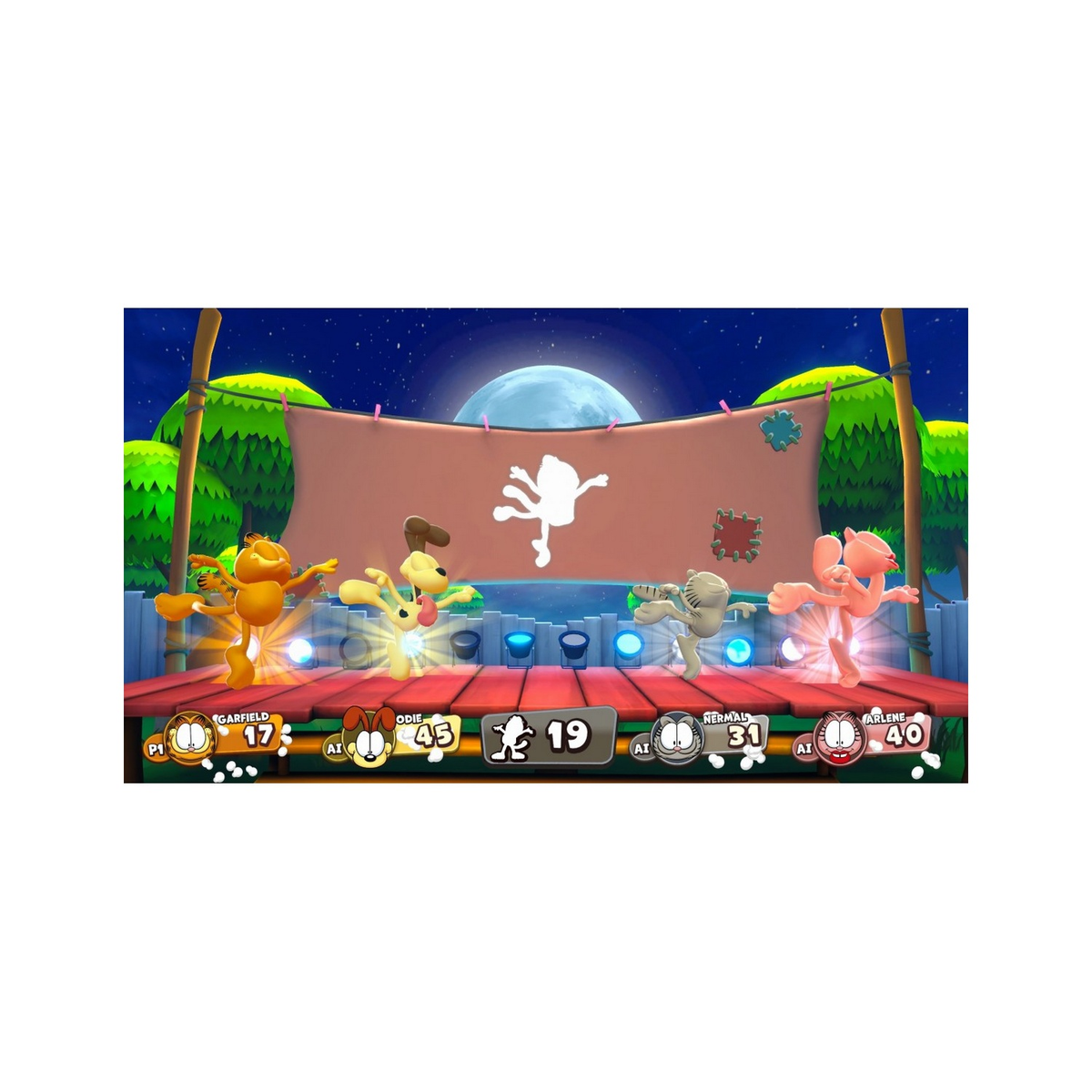 Postacie Garfielda walczą. Tło przedstawia scenę z księżycem i banerem.