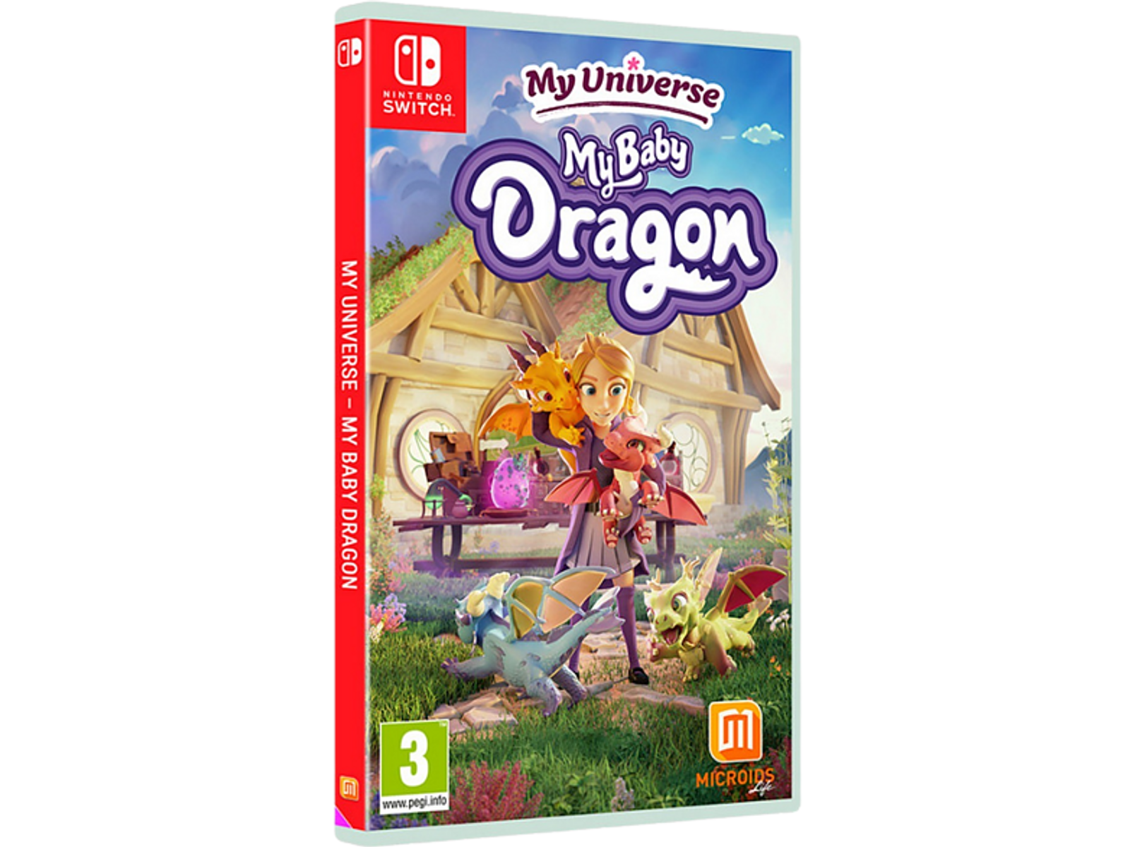 Copertina del gioco: Una ragazza con draghi, titolo 'My Universe - My Baby Dragon' su una scatola di gioco Switch.