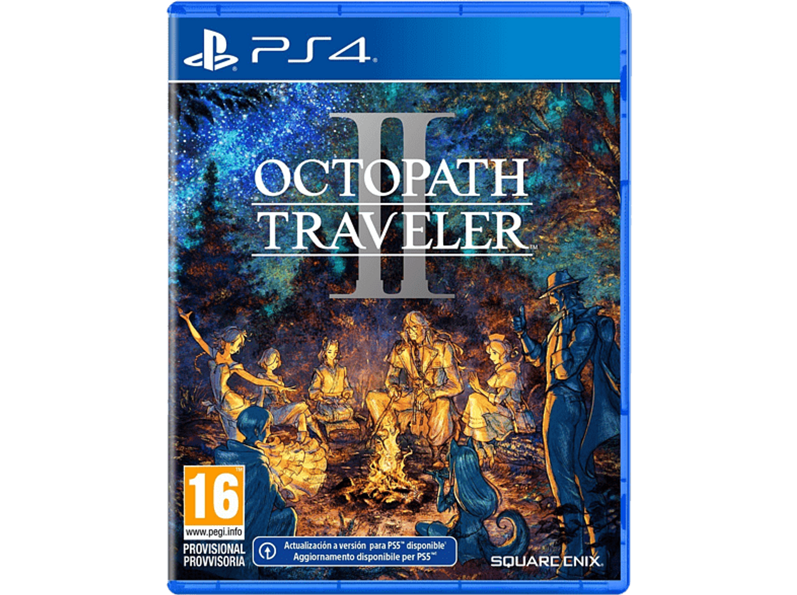 Una carátula de juego de PS4 para Octopath Traveler II con un grupo de personas alrededor de una fogata.