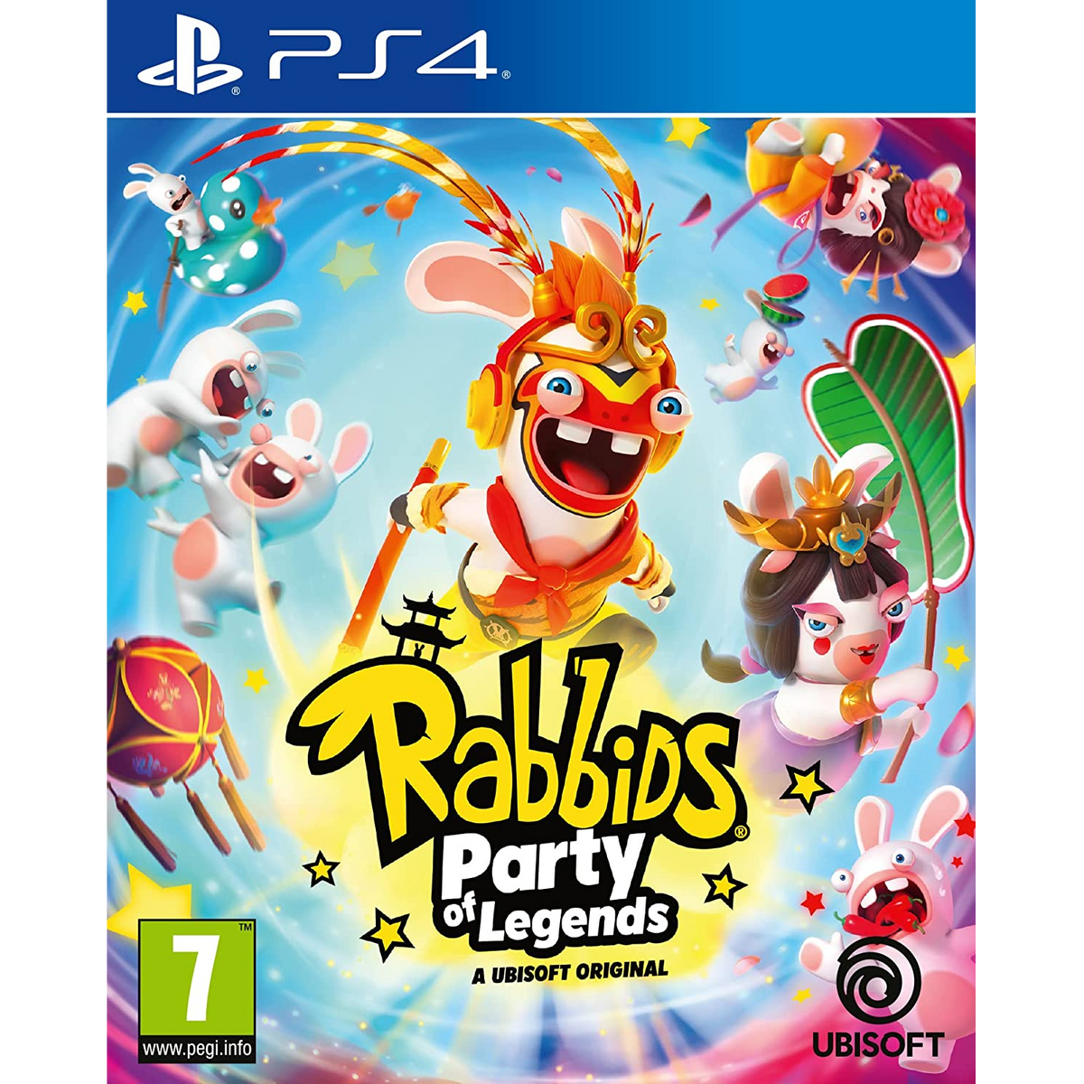 Portada del juego Rabbids: Party of Legends. Personajes Rabbids en una escena festiva colorida.