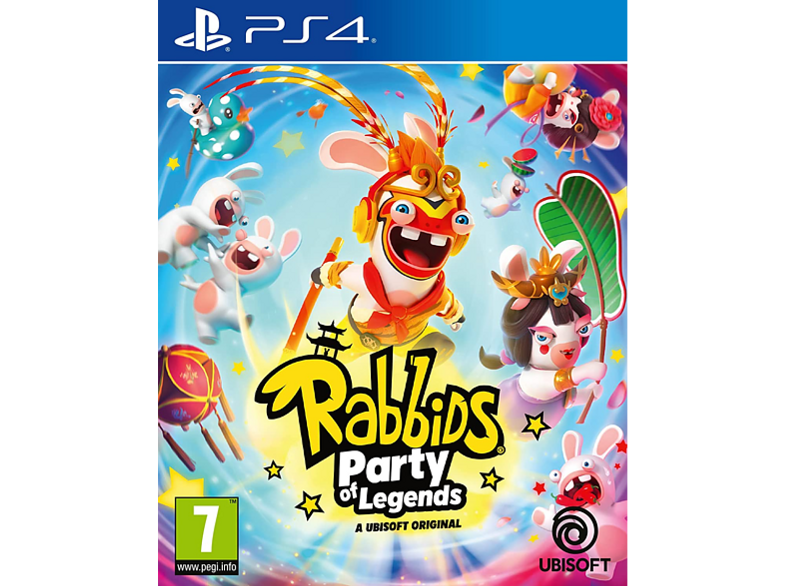 Portada del juego Rabbids Party of Legends, con Rabbids disfrazados, un diseño vibrante y colorido.