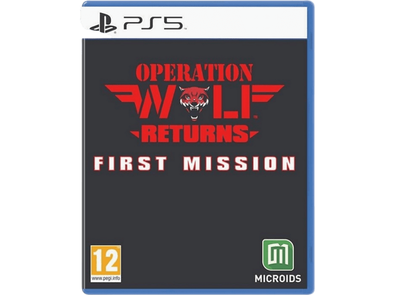 Copertina della scatola del gioco con il titolo "Operation Wolf Returns: First Mission" e il logo PS5.