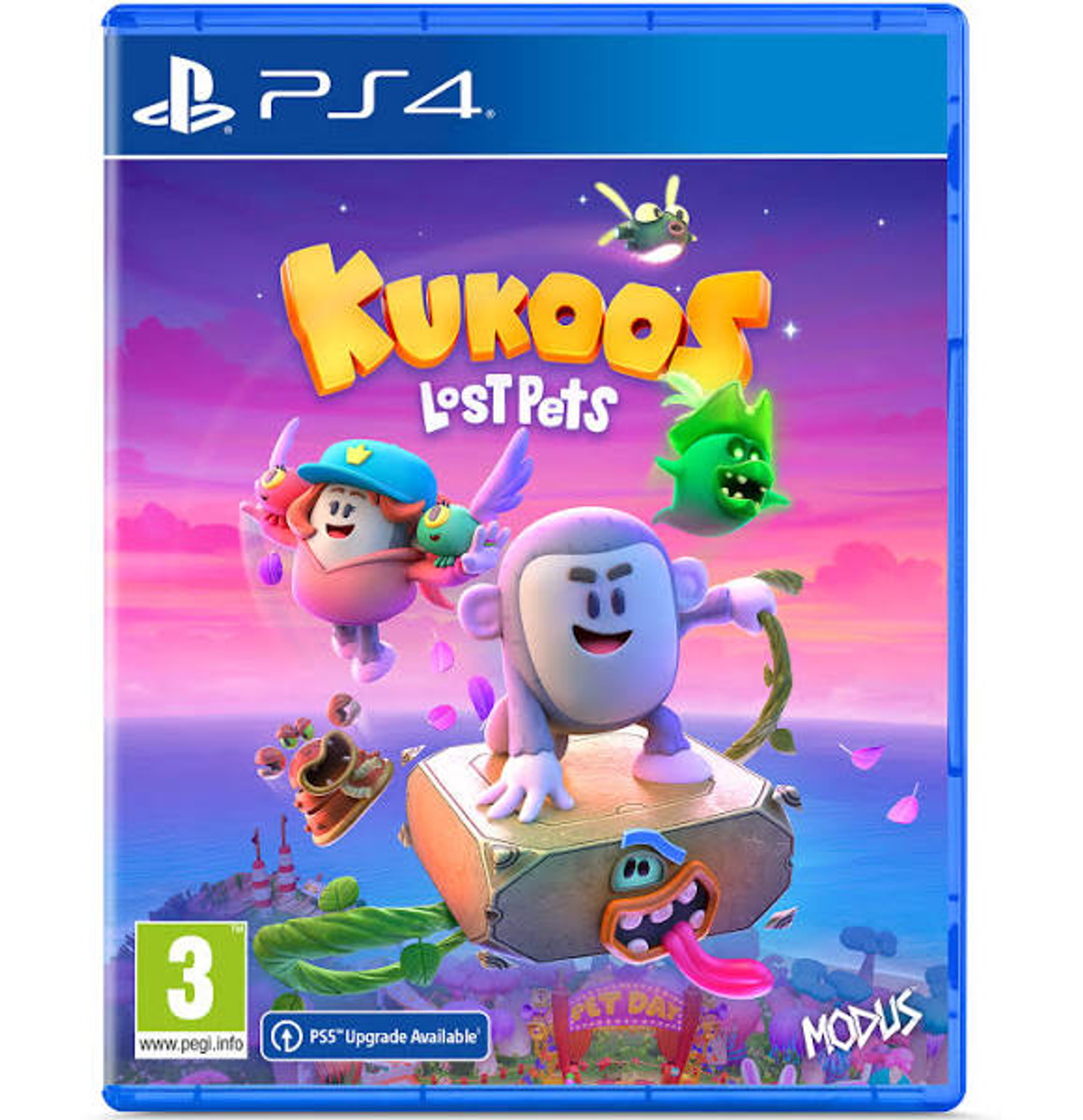 Portada del juego PS4: Kukoo's Lost Pets, personajes de dibujos animados, diseño lúdico, colores brillantes.