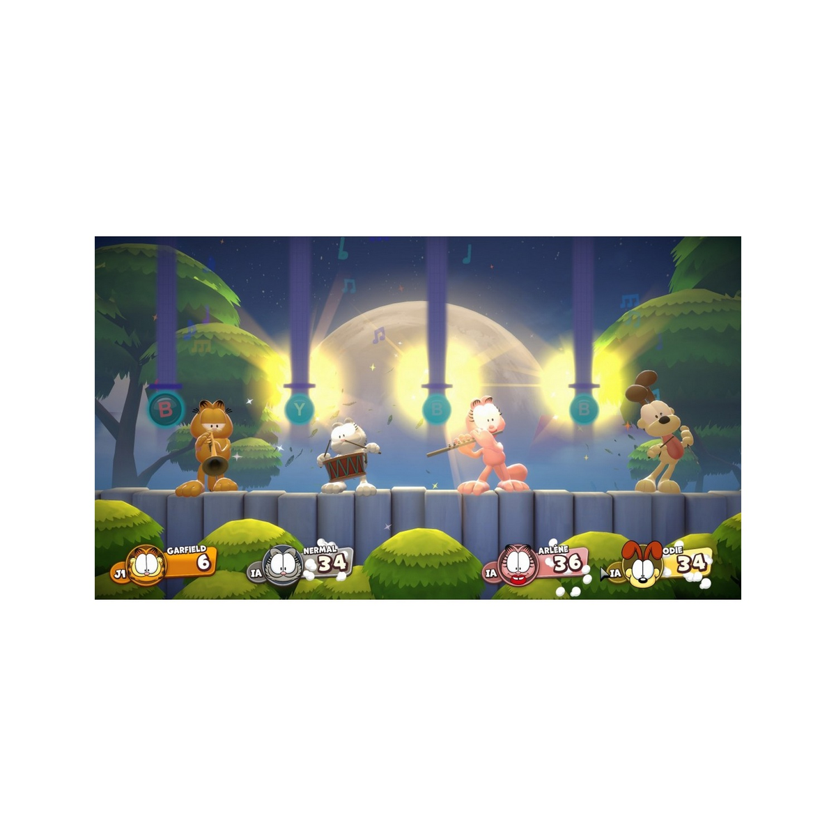 Garfield y sus amigos tocan instrumentos en un escenario bajo la luna llena, con marcadores debajo.