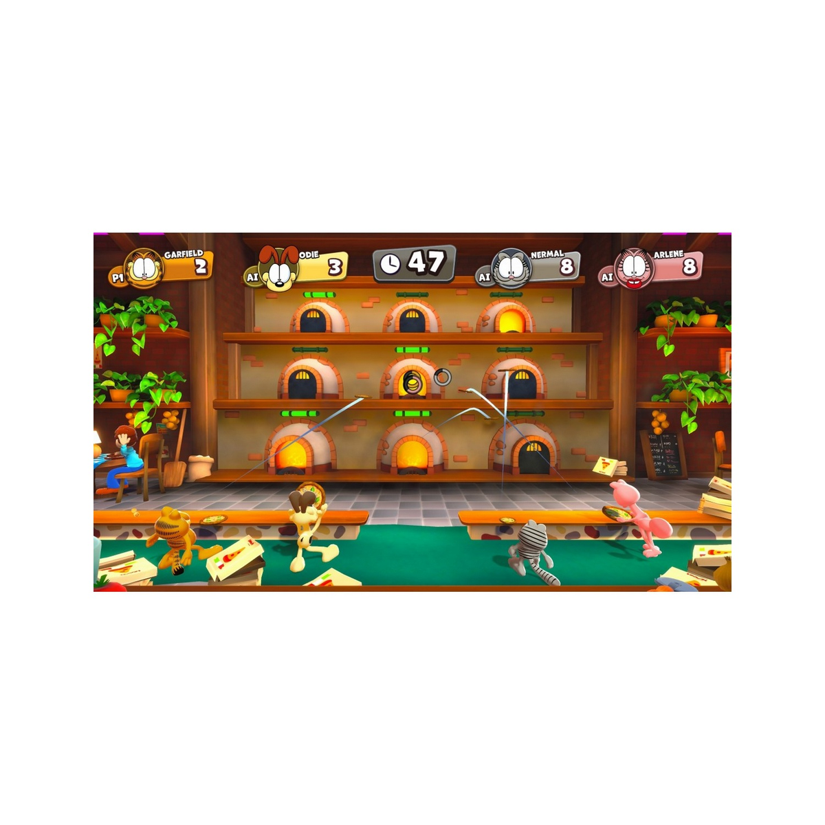 Una pantalla de juego con Garfield y otros personajes jugando a hacer pizzas en un restaurante.