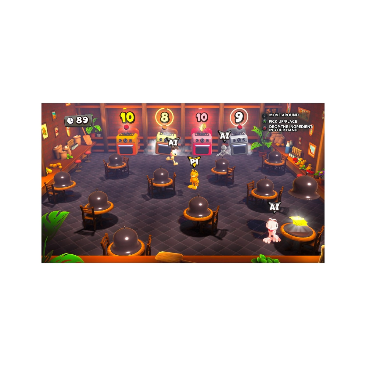Una escena de juego que muestra un restaurante con comida, mesas y personajes.
