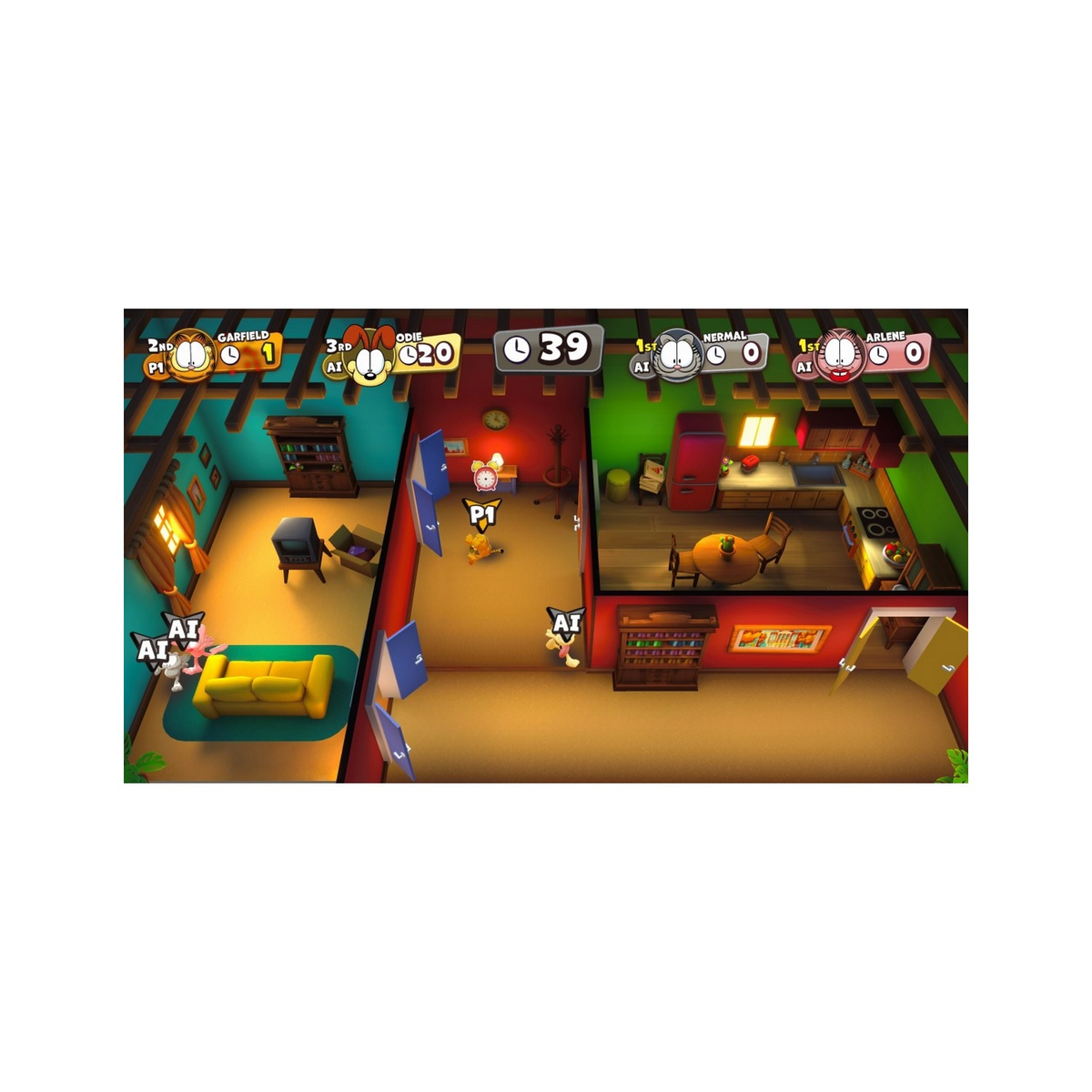 Una pantalla del juego Garfield. Los personajes Garfield, Odie y Nermal compiten en las habitaciones.