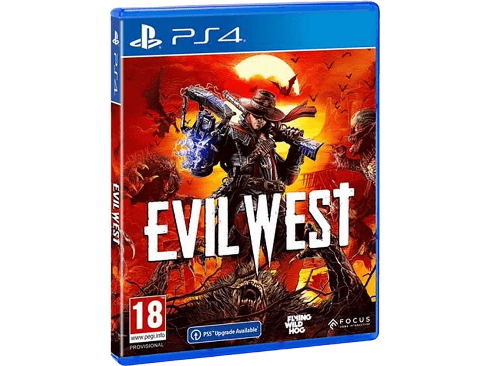 Arte de la caja del juego Evil West con un vaquero con una pistola.