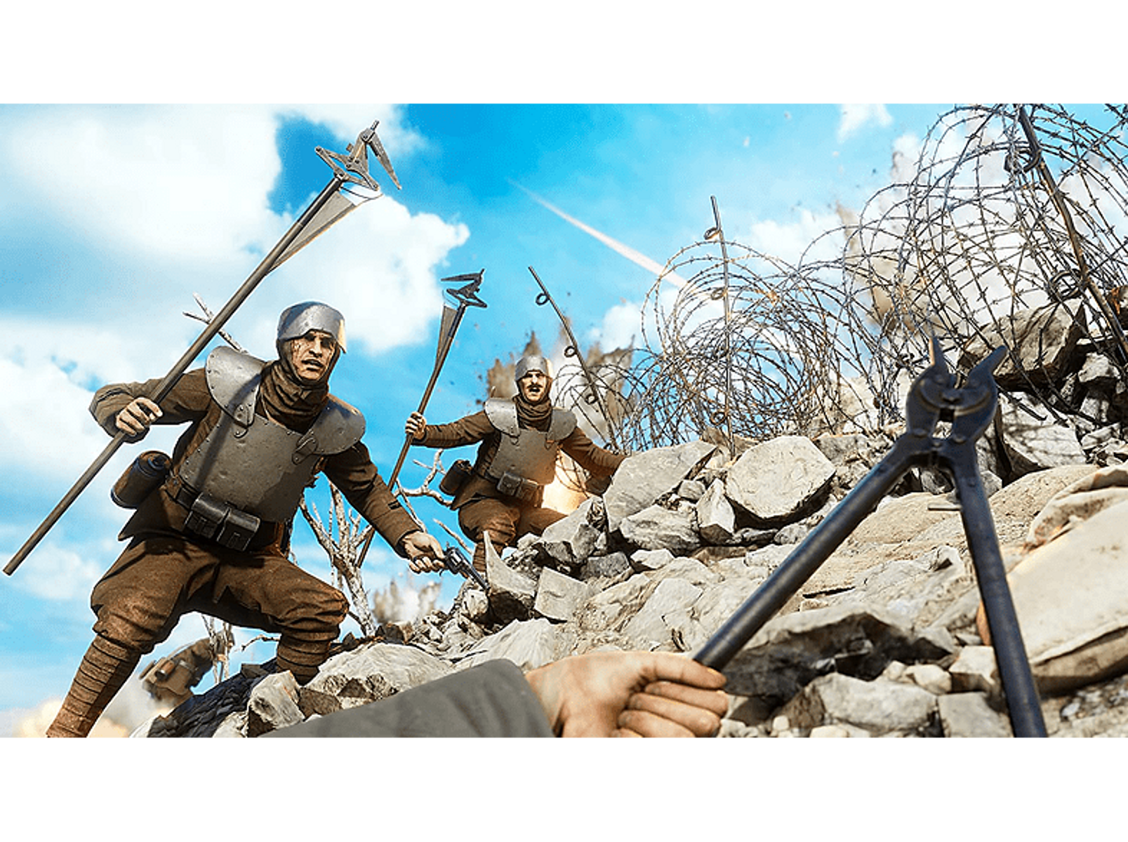 Soldados en una escena de guerra, primer plano: dos soldados con lanzas y una mano con pinzas.