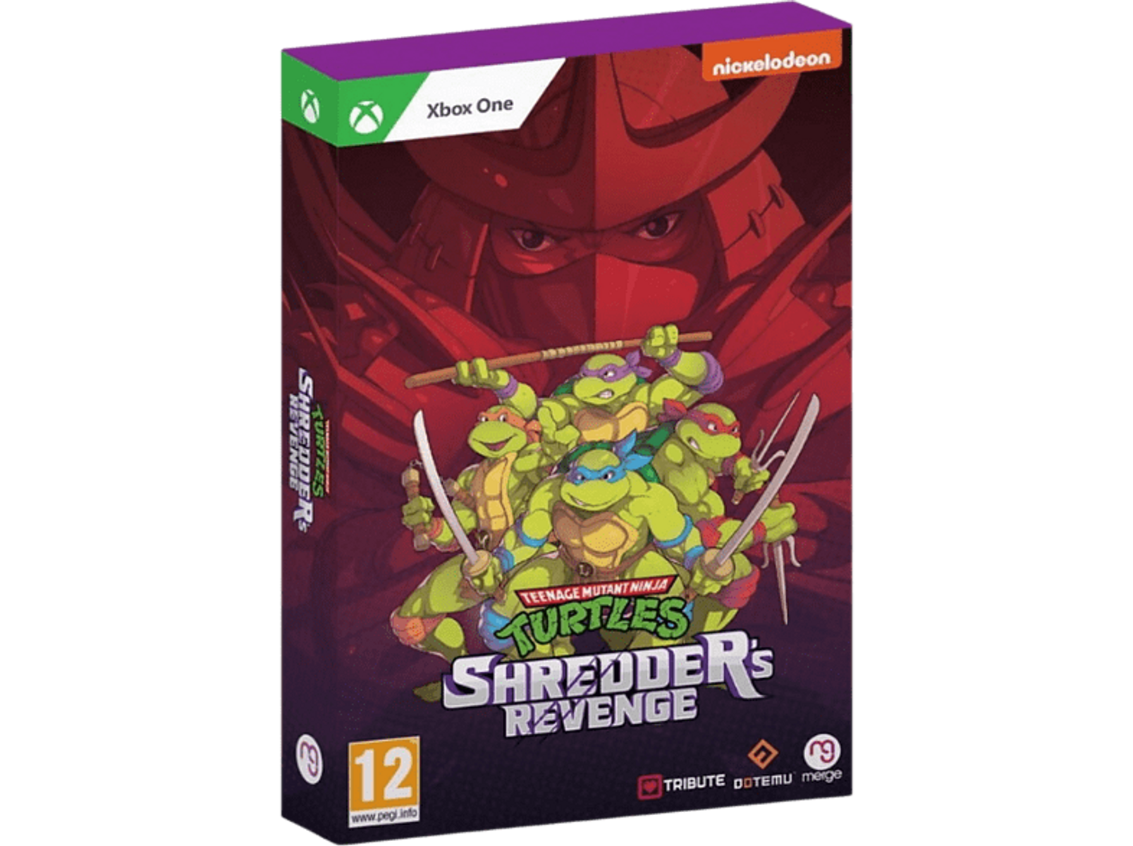 La copertina del gioco mostra Teenage Mutant Ninja Turtles. Il logo Shredder's Revenge è sul davanti. Logo Xbox One in alto.
