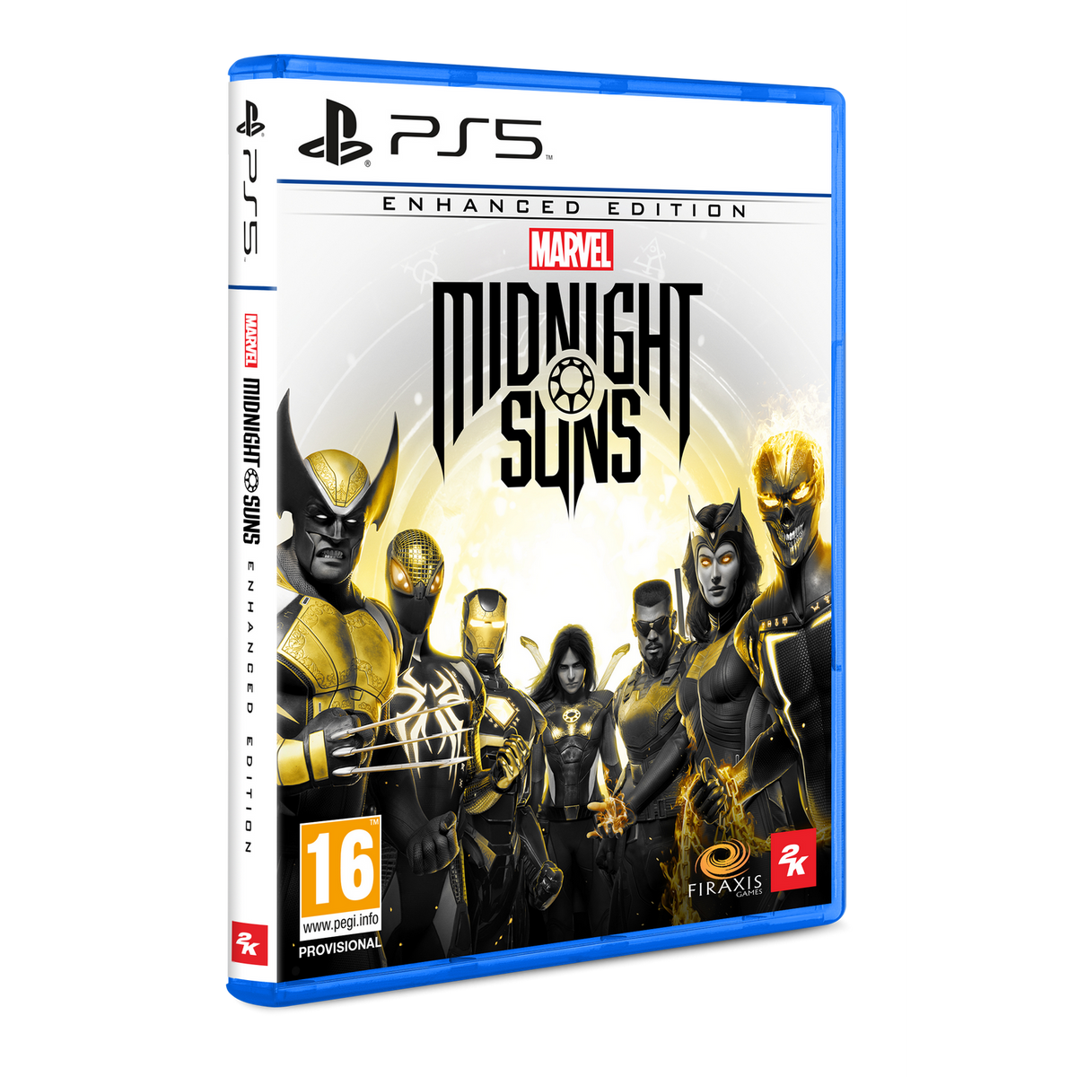 Scatola del gioco Marvel Midnight Suns. Personaggi in posa di gruppo con uno sfondo scuro. Logo PS5.