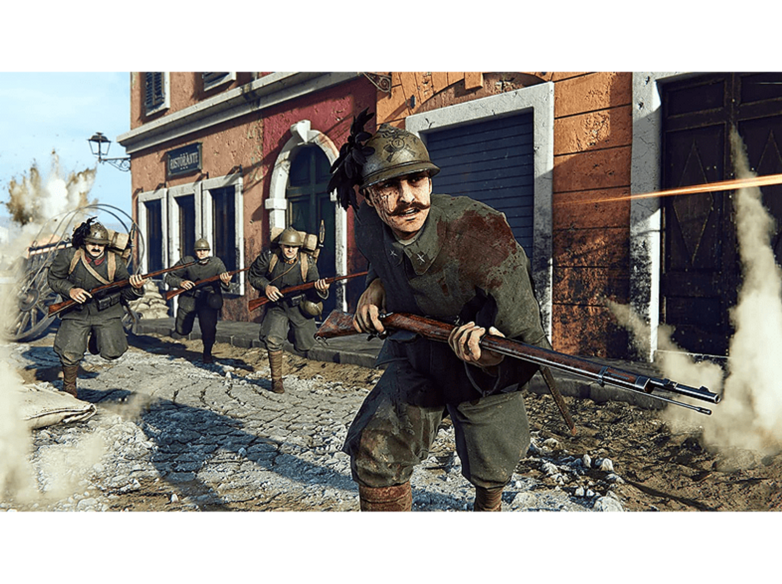 Soldati che corrono in una strada durante una guerra, con edifici ed esplosioni sullo sfondo.