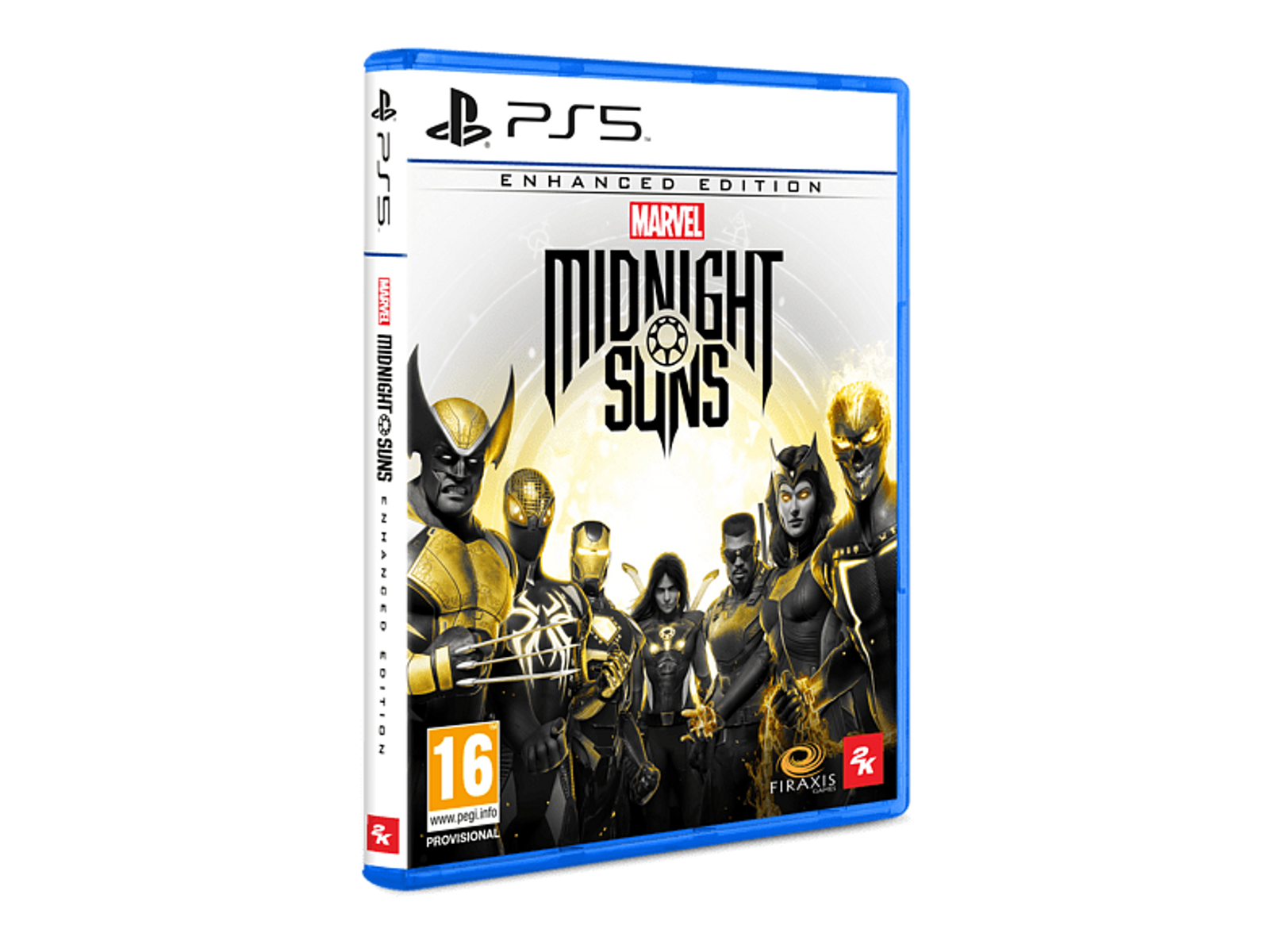 Copertina del gioco: Personaggi di Marvel Midnight Suns con custodia blu e logo PS5.