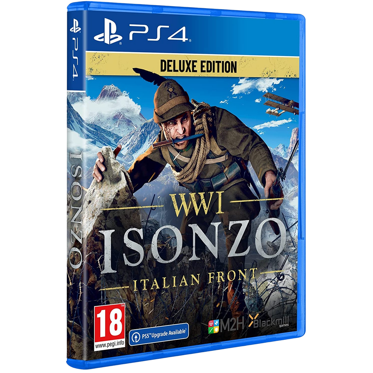 Arte de la caja del juego de PS4 para 'Isonzo'. Un soldado con un cuchillo en la boca está en una montaña.