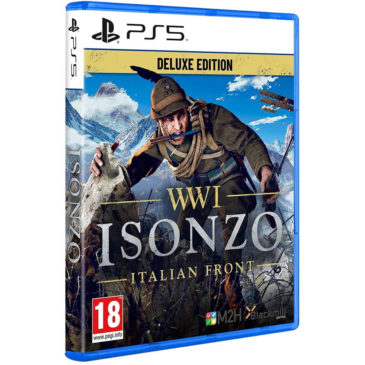 Scatola del gioco Isonzo della Prima Guerra Mondiale. Un soldato con un coltello in bocca su una montagna.