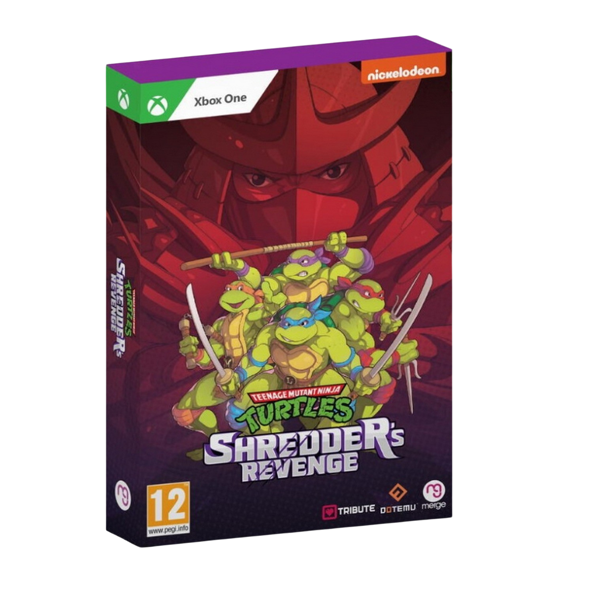 Box art del gioco: Teenage Mutant Ninja Turtles, Shredder's Revenge, con le tartarughe.