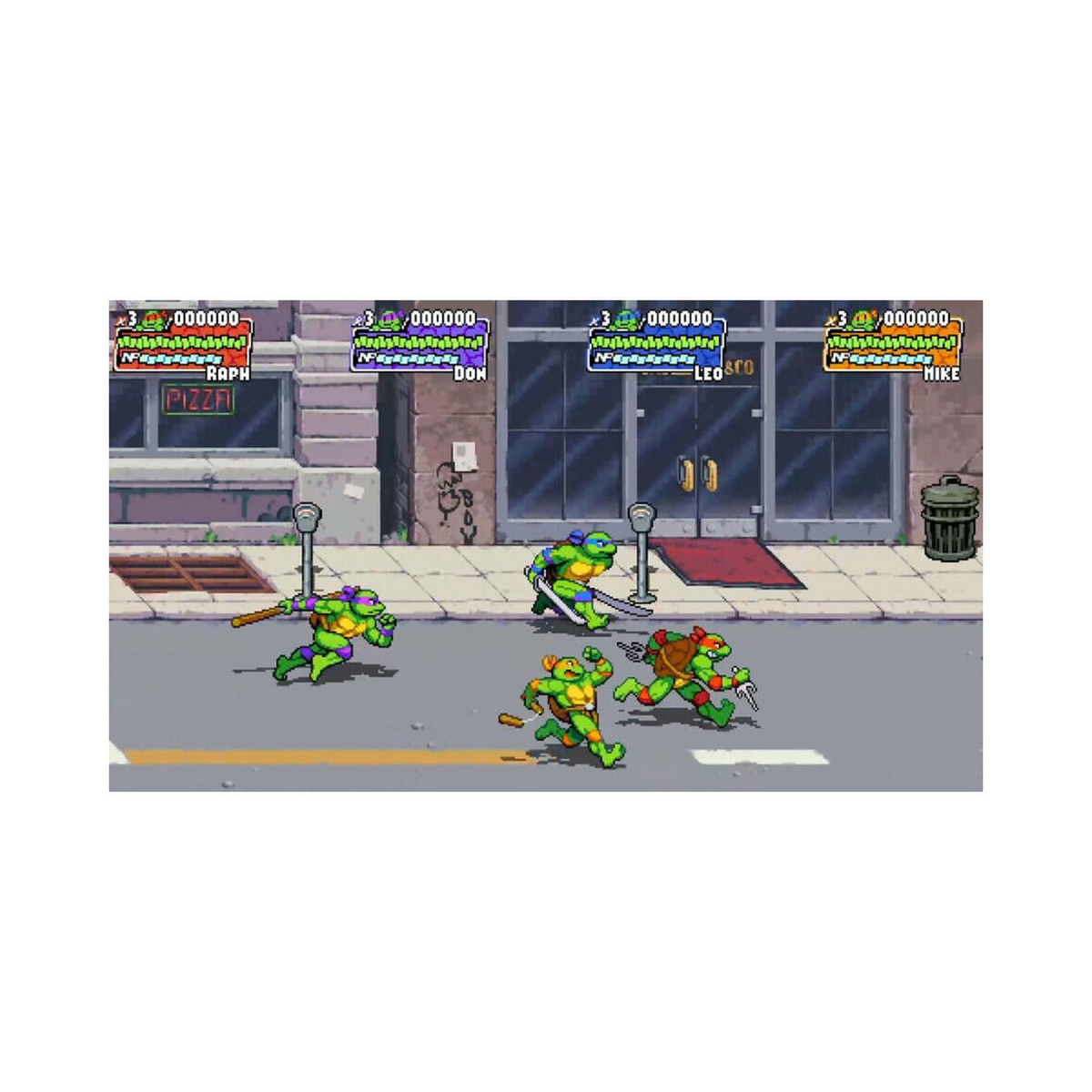 Tartarughe Ninja che combattono. Scena di gioco pixelata. Quattro tartarughe in azione.
