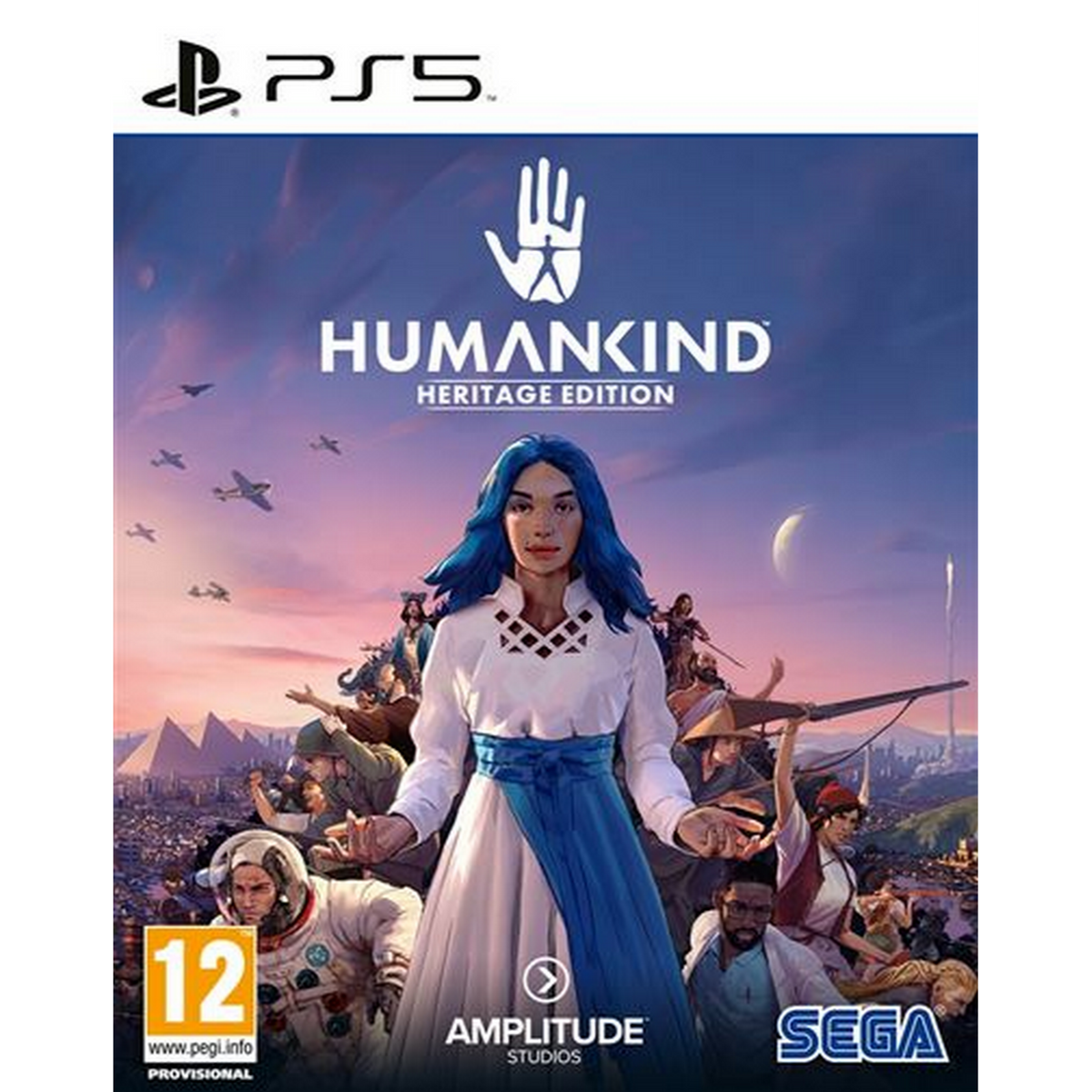 Caja del juego: Humankind Heritage Edition, mujer con pelo azul frente a personas y aviones.
