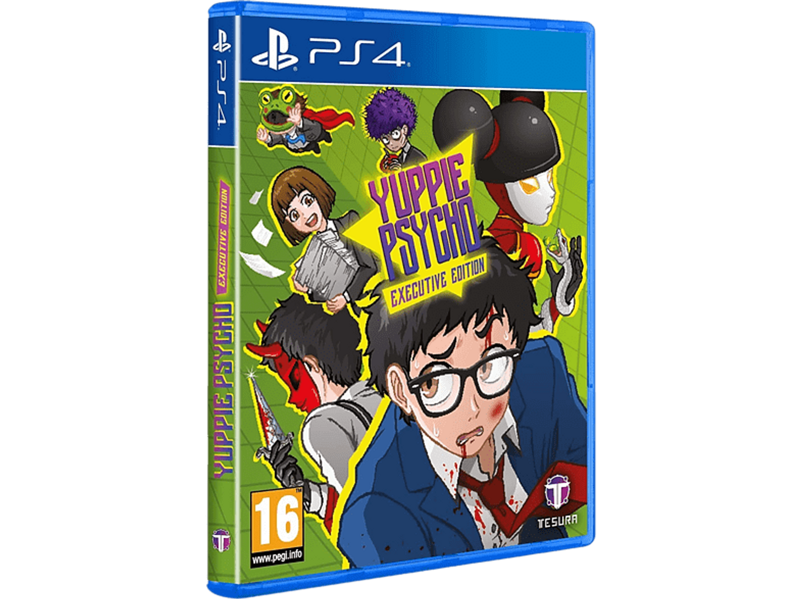 Copertina del gioco Yuppie Psycho Executive Edition. Stile anime, un uomo in giacca e mostri.