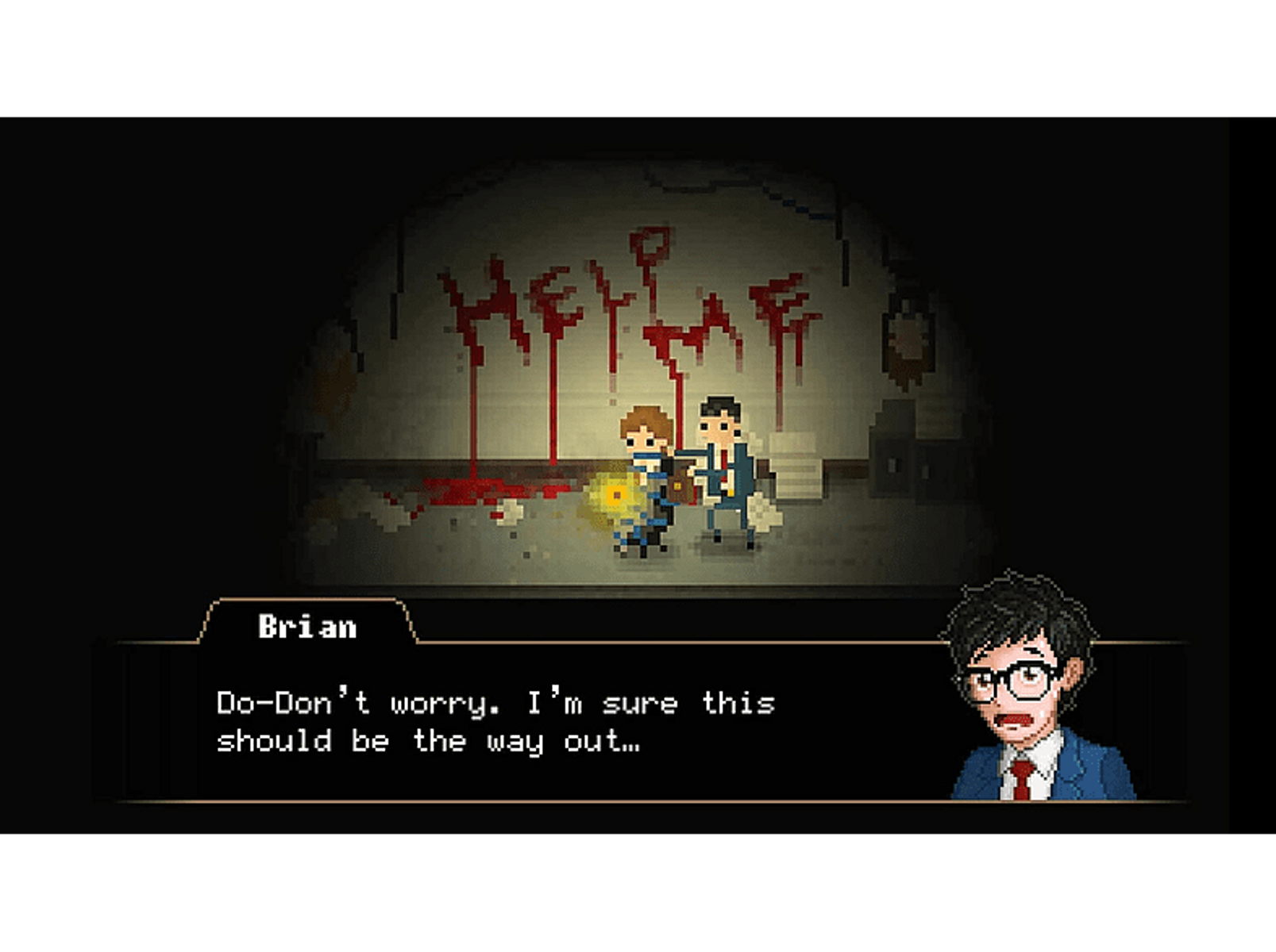 Scena pixelata con due uomini, una fonte di luce e le parole 'HELP ME' in rosso su un muro.