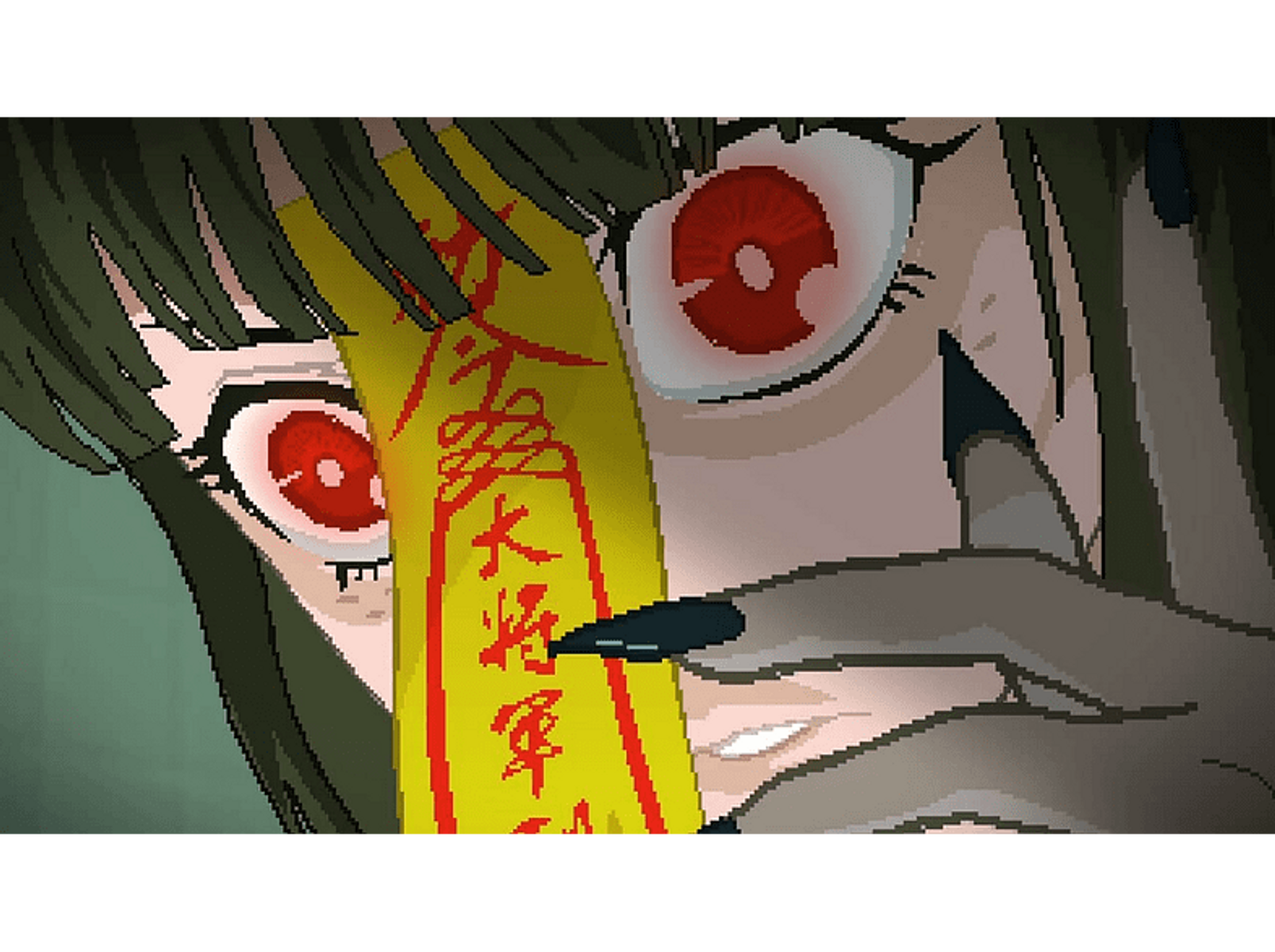 Volto in stile anime con occhi rossi, carta gialla in mano e estetica pixelata.