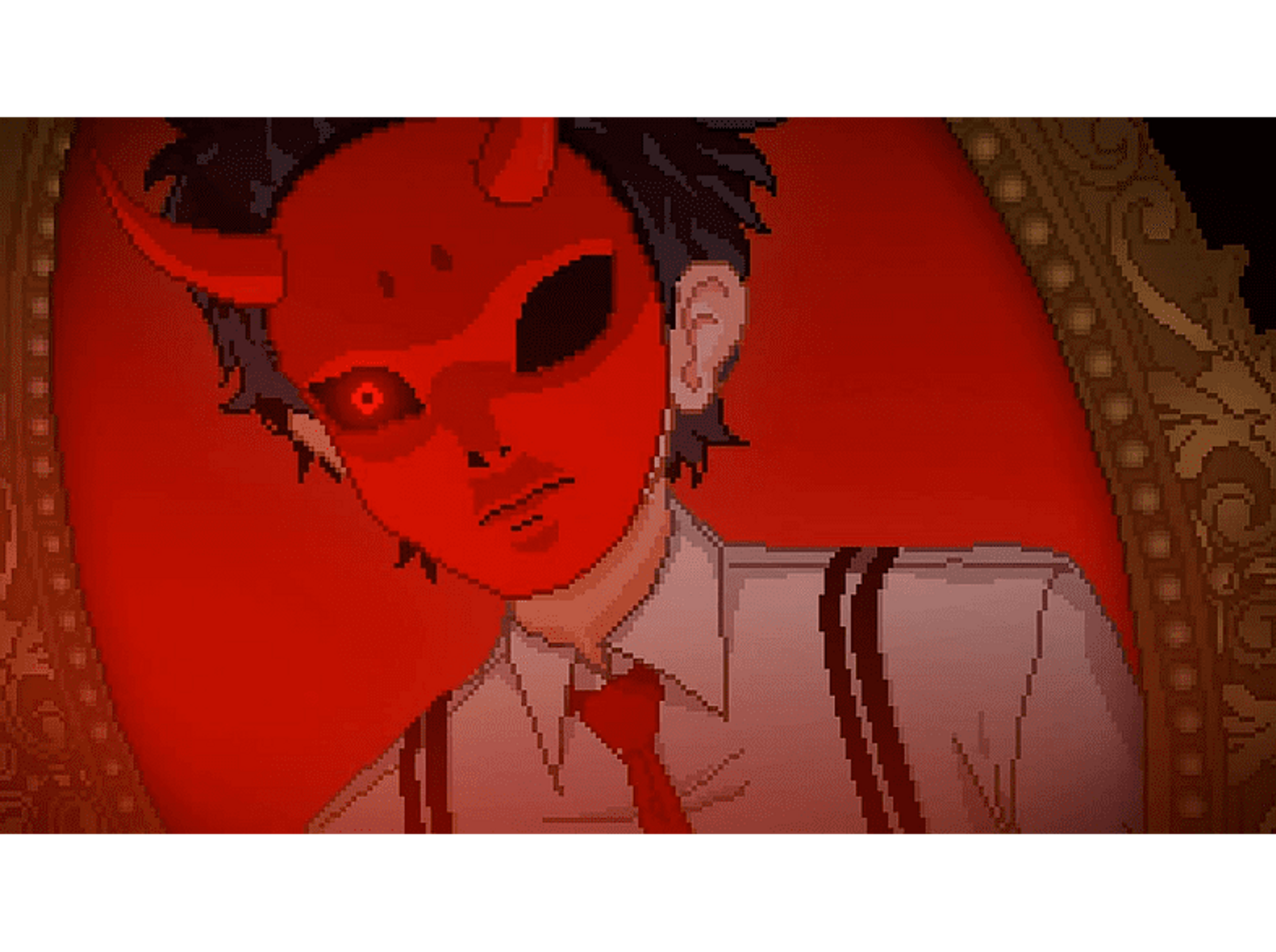 Immagine pixelata di una persona con una maschera da diavolo rossa. Sfondo rosso. La persona ha capelli scuri.