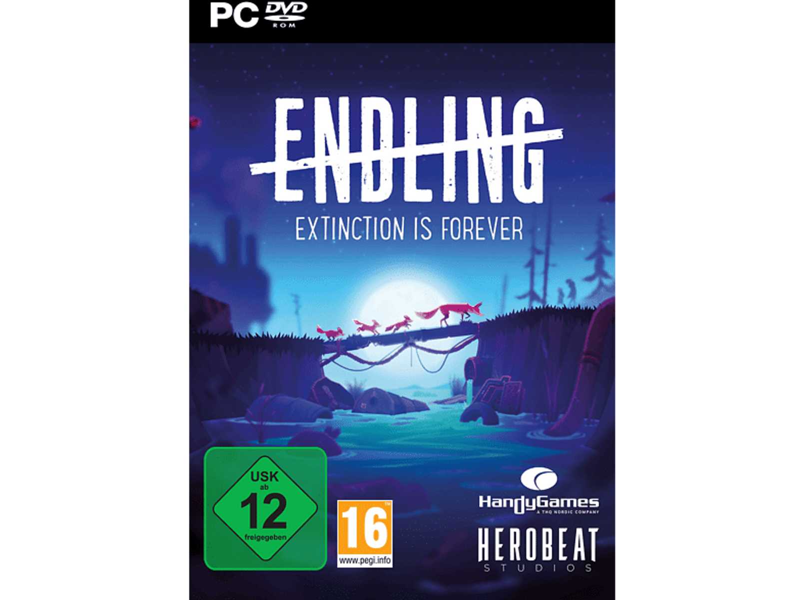 Okładka gry z lisami na moście. Tytuł: Endling. Podtytuł: Wyginięcie na zawsze. Tło lasu.