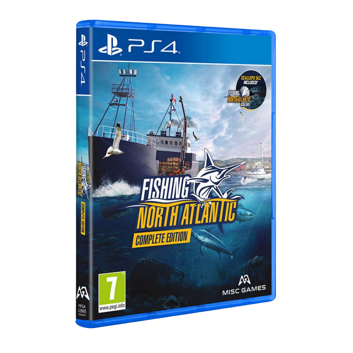 Pudełko gry: "Fishing: North Atlantic". Statek na morzu, z wyskakującą rybą.