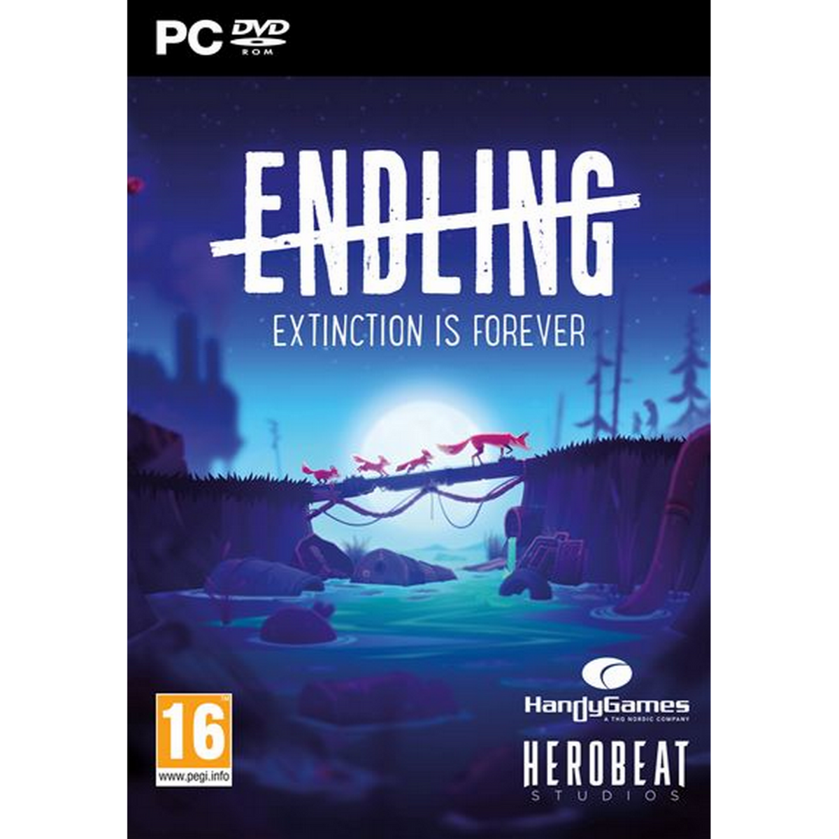 Okładka gry: ENDLING, gra o wymieraniu. Lisy przechodzą przez most, na tle ciemnego, oświetlonego księżycem tła.