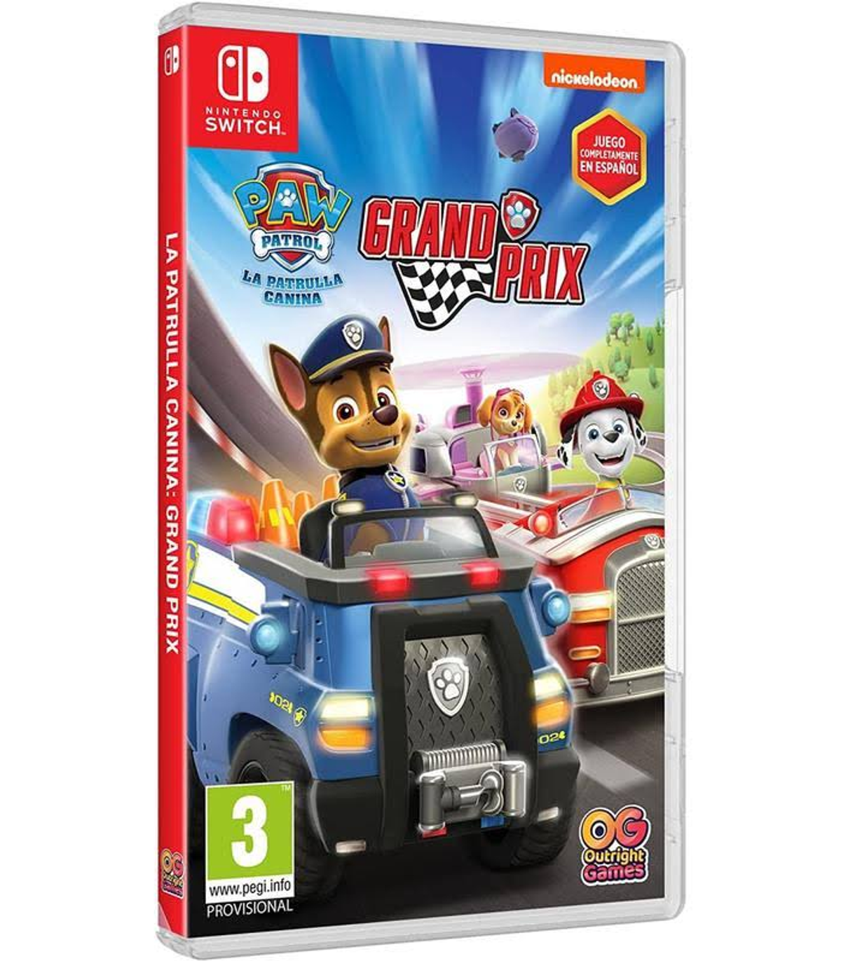 Copertina del gioco Paw Patrol: Grand Prix. Presenta Chase e altri personaggi Paw Patrol.
