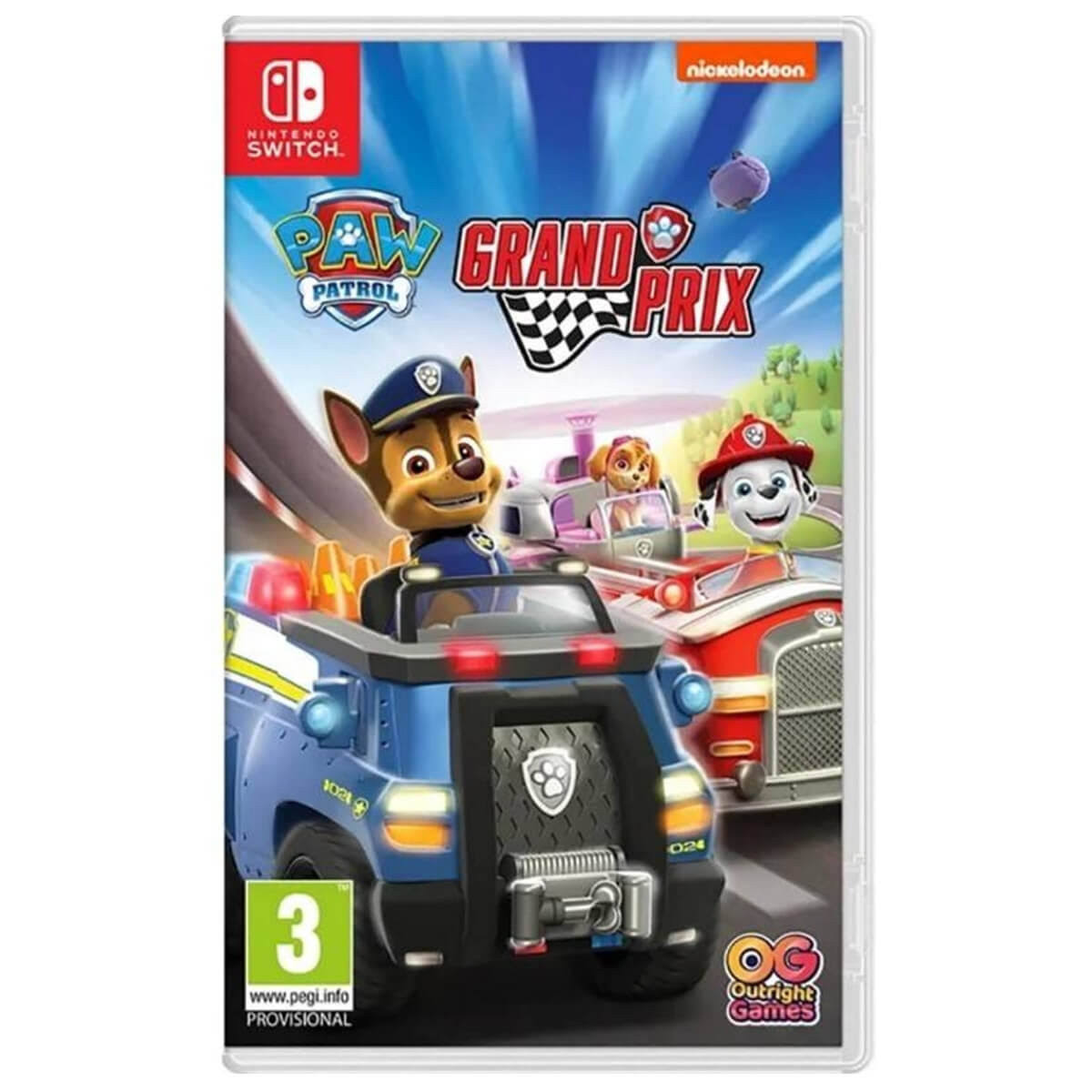 Scatola del gioco 'Paw Patrol: Grand Prix'. Mostra i personaggi di Paw Patrol in auto da corsa, con il logo Switch.