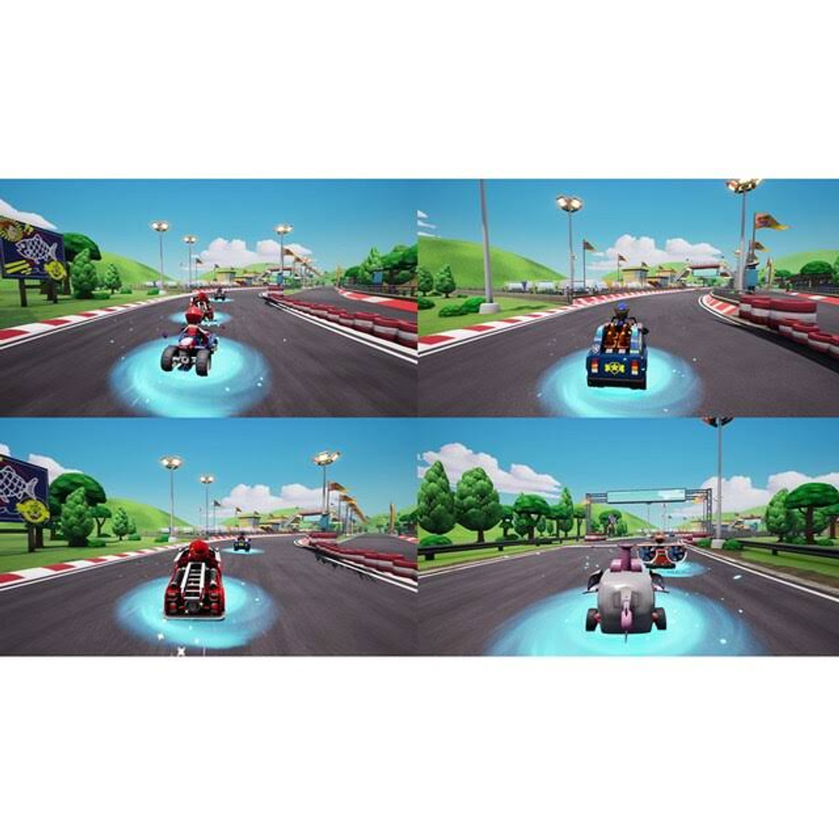 Quattro schermate di un gioco di corse di kart con diversi corridori su una pista con bandiere e alberi.