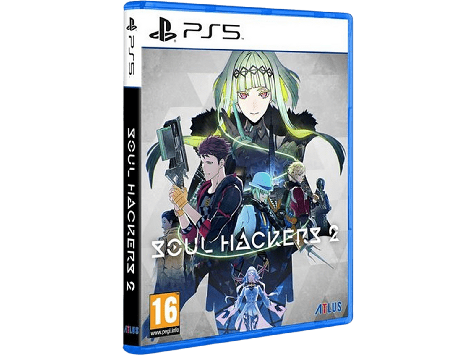 Caja de juego con arte de Soul Hackers 2. Se muestran personajes y una figura femenina central. Logotipo de PS5 arriba.