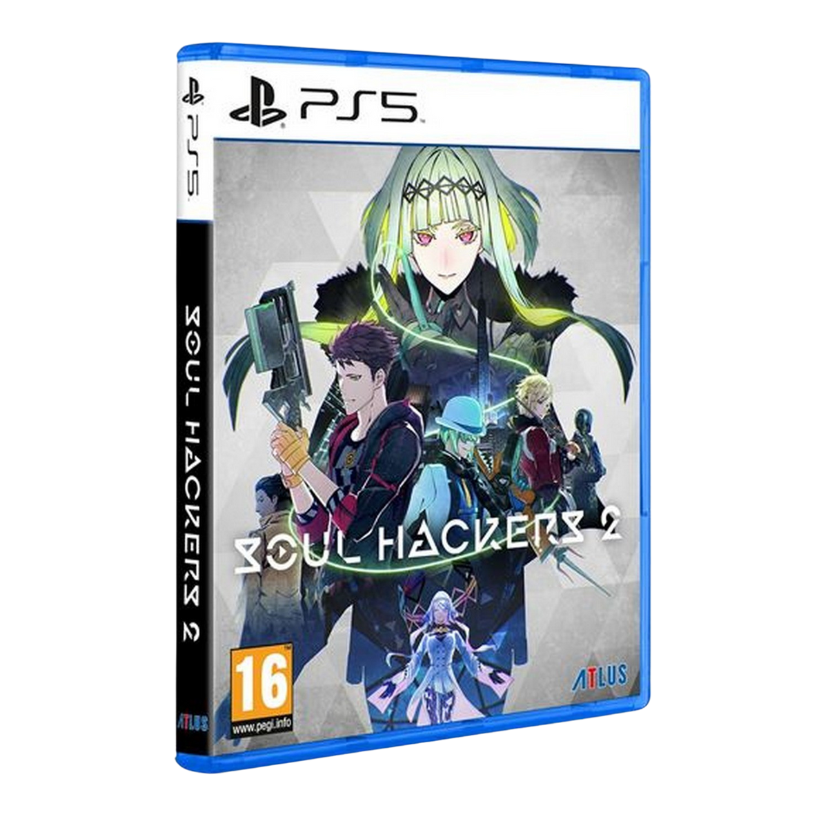 Portada del juego Soul Hackers 2. Se presentan personajes. El fondo es una ciudad de noche.