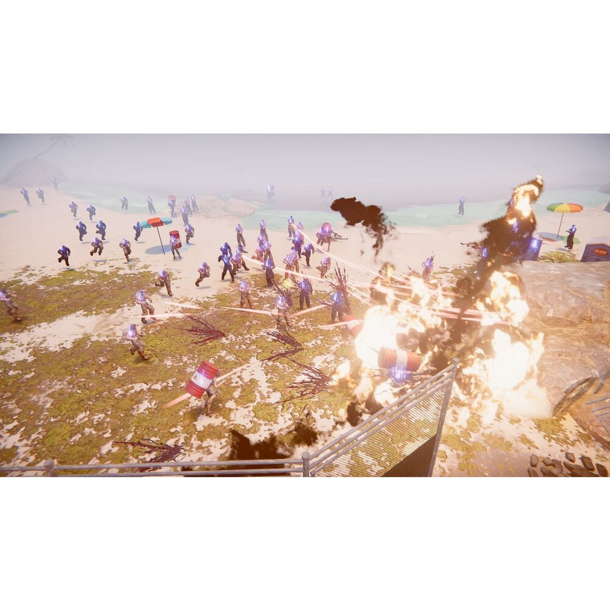 Una scena sulla spiaggia con soldati che sparano. Sono visibili esplosioni e incendi, la gente corre.