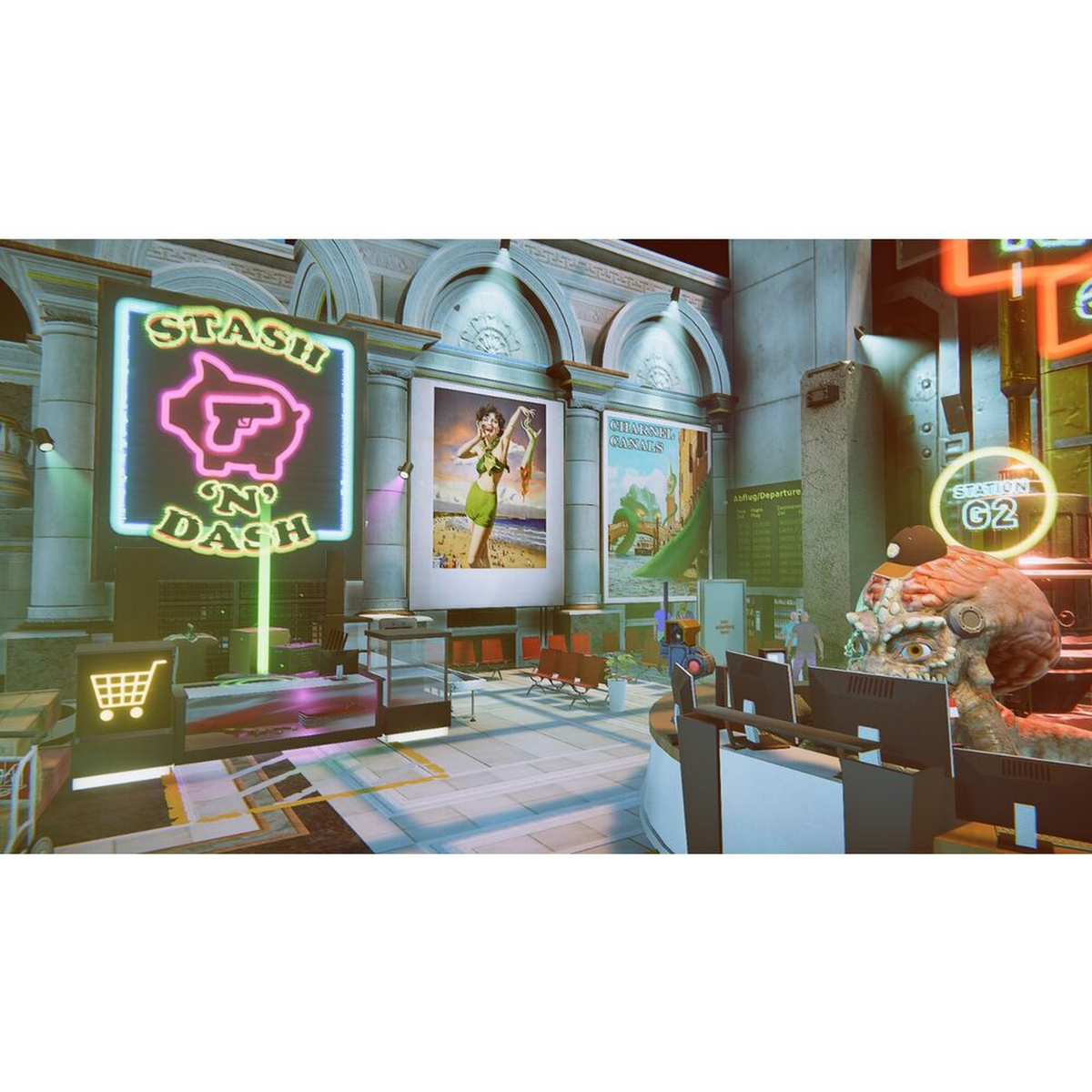 Una sala giochi illuminata al neon con insegne per Stash 'N Dash e altre pubblicità. Sono presenti persone e robot.