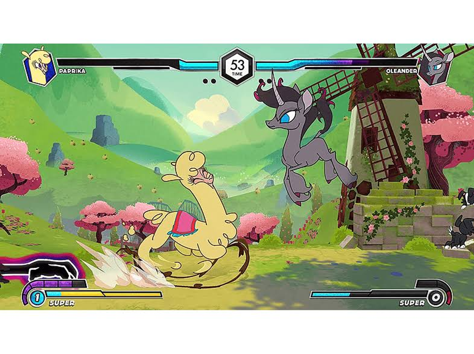 Escena de juego de dibujos animados con una llama luchando contra un unicornio en un entorno colorido.