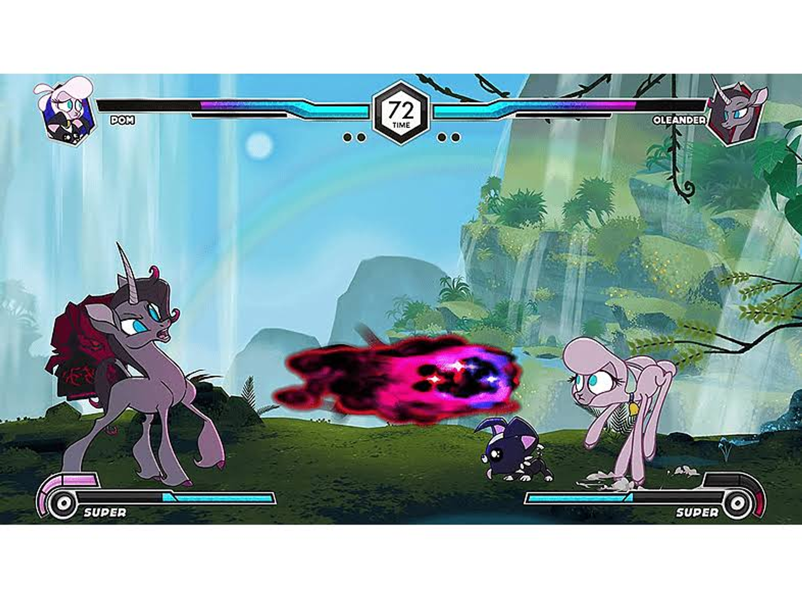 Una escena de juego de lucha con dos personajes tipo unicornio. Un personaje ataca al otro en el aire.