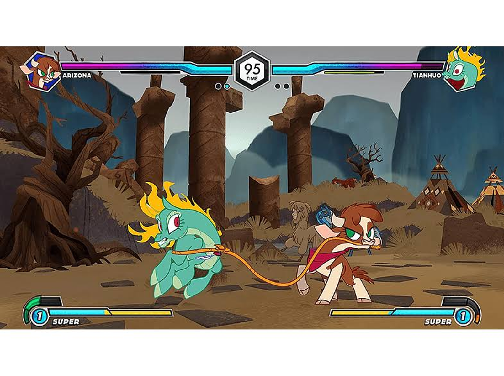 Una escena de juego de lucha con dos personajes. Una cuerda está entre ellos.