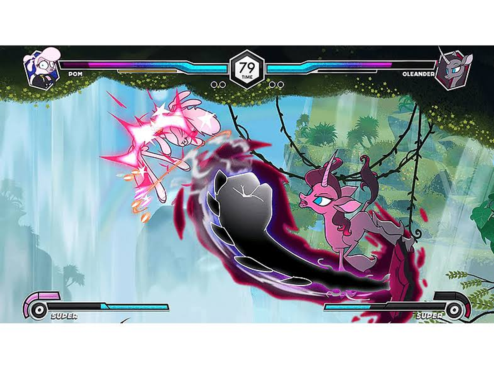 Escena de juego de lucha con dos personajes parecidos a unicornios. Uno ataca con una explosión de energía oscura.