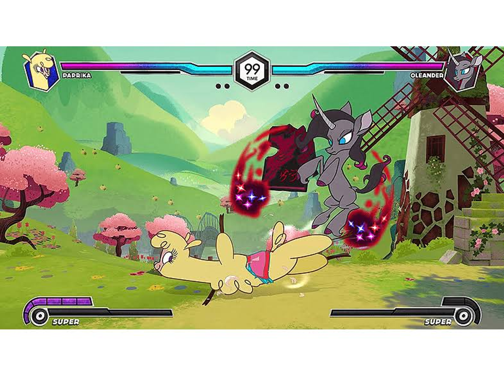 Dos personajes de dibujos animados peleando en un juego, uno rosa, otro gris.