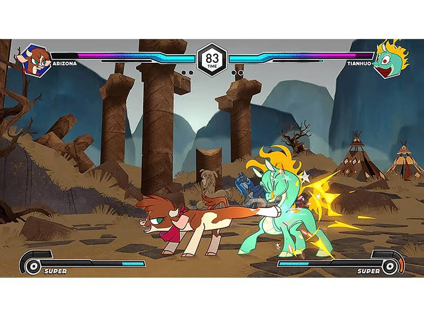 Escena de juego de lucha con dos personajes animales de dibujos animados en un desierto.