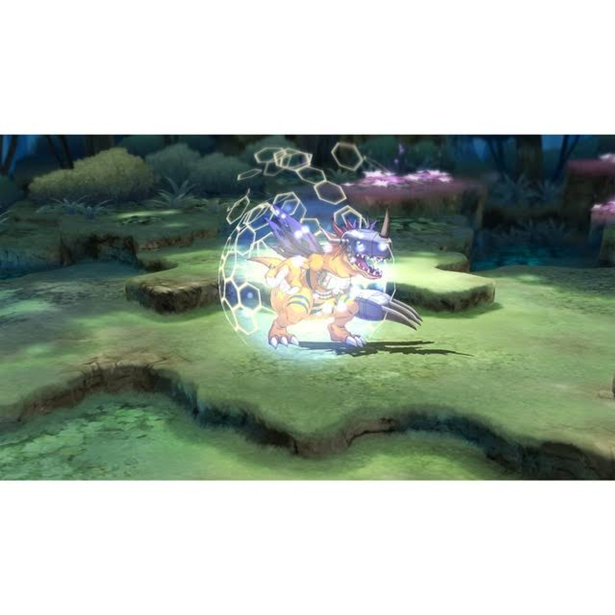 Scena z gry Digimon, żółty potwór w ochronnej tarczy.