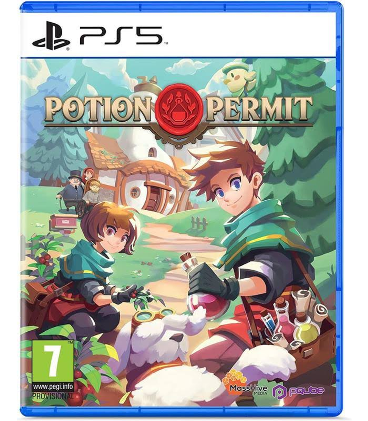 Caja del juego Potion Permit con dos personajes de dibujos animados, un perro y el logotipo de PS5.