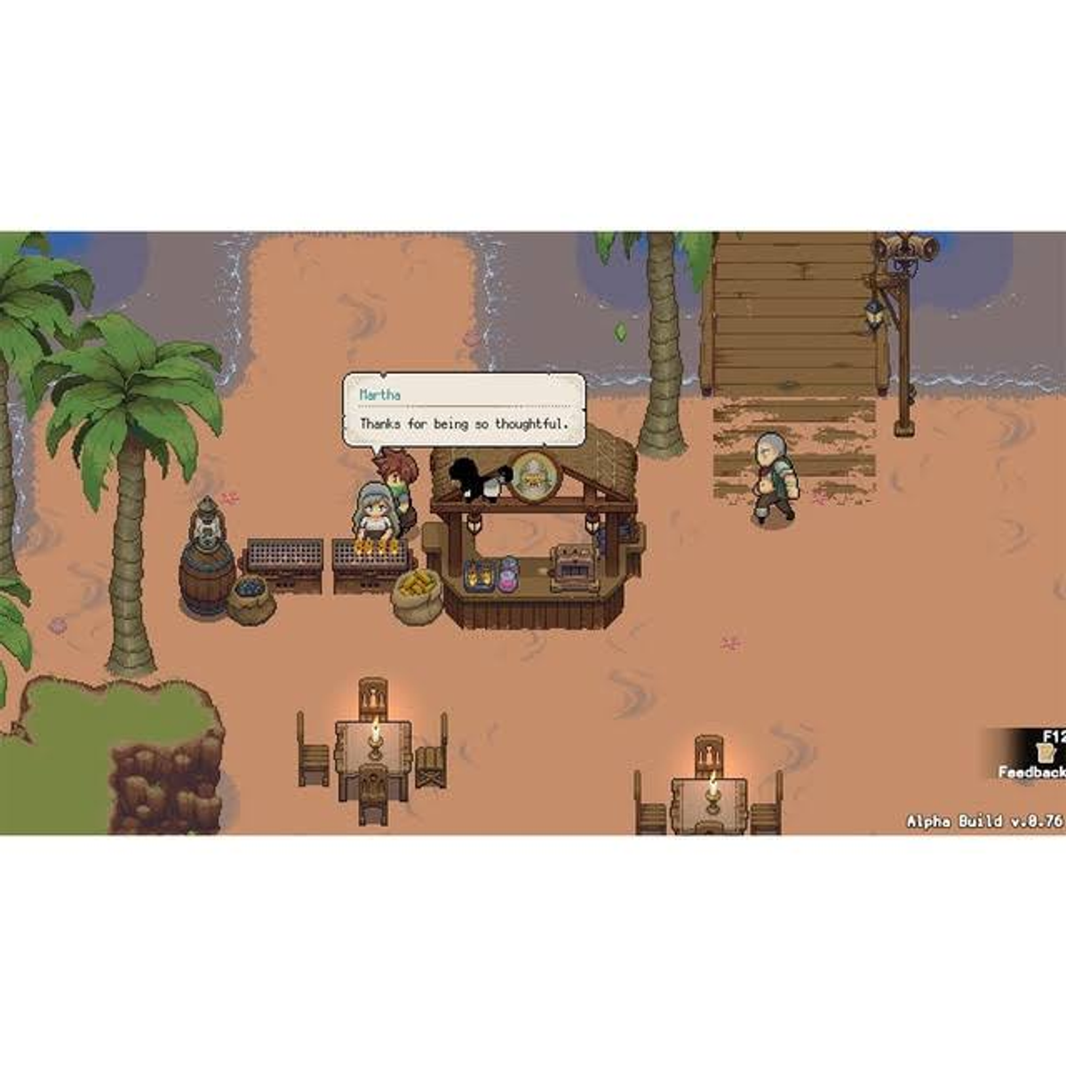 Escena de juego de arte pixelado. Personajes en una tienda con fondo de playa. Burbuja de texto presente.