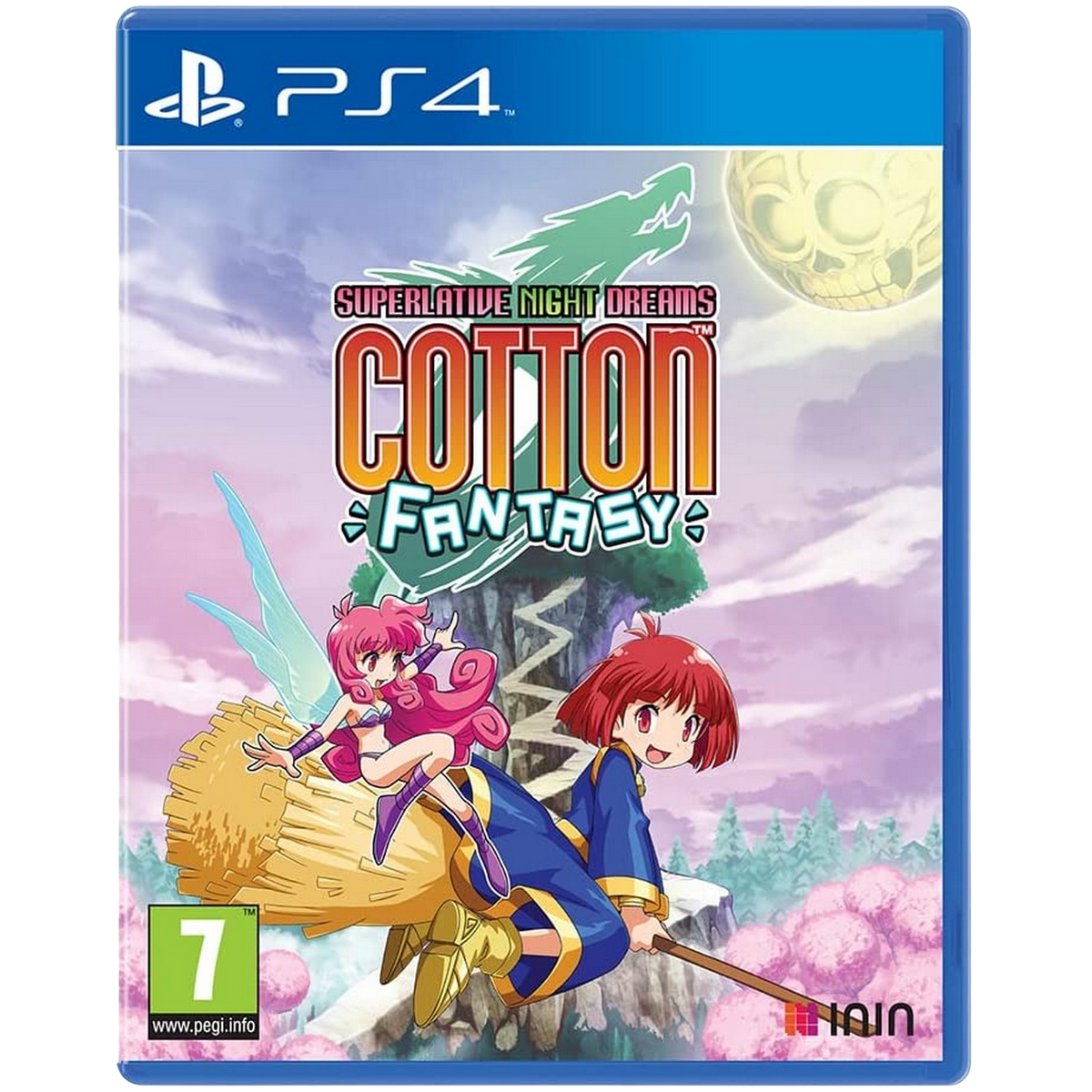 Pudełko z grą na PS4. Tytuł: Cotton Fantasy. Zawiera dwie dziewczyny z anime latające nad krajobrazem. Zielony smok i księżyc.