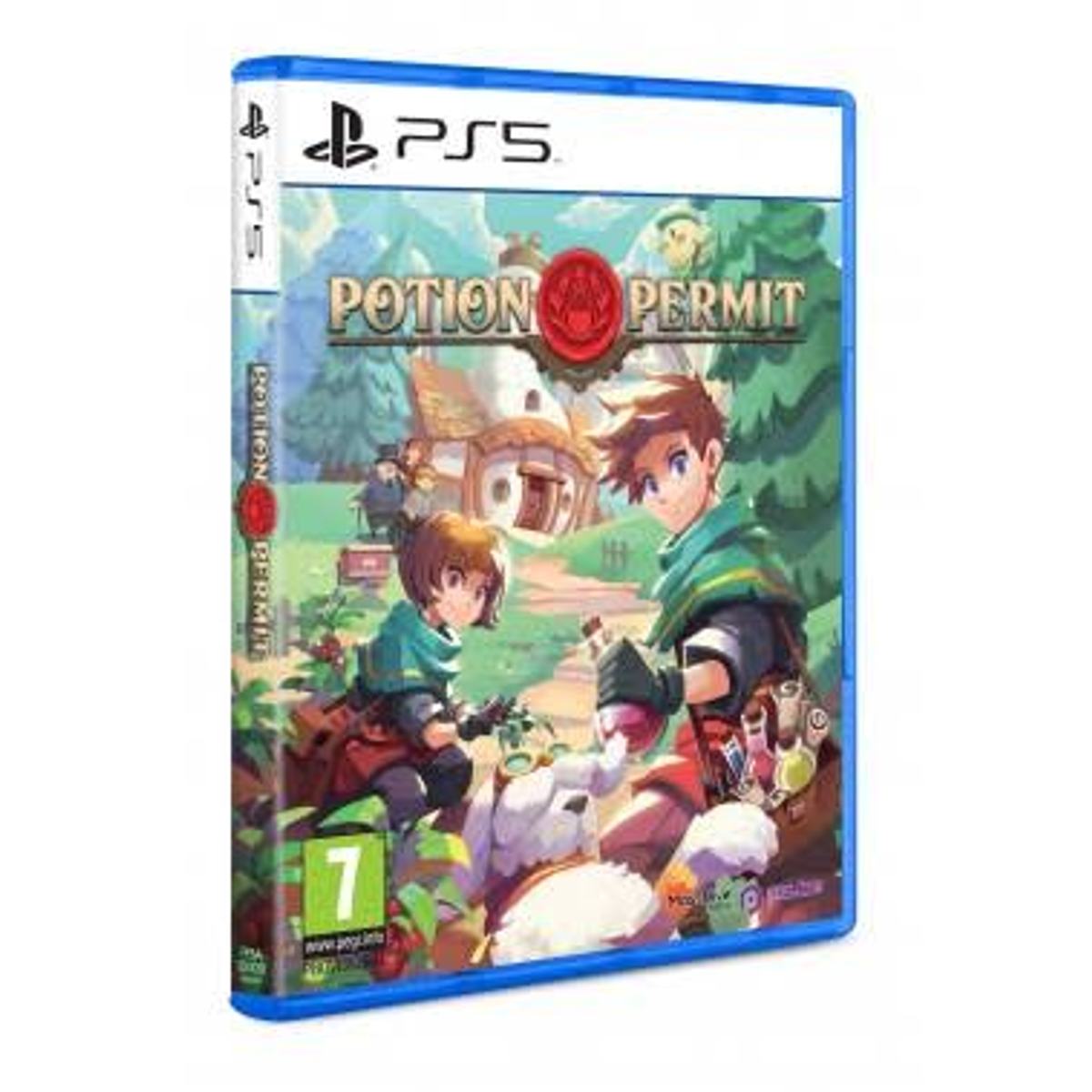 Caja de juego con dos personajes en un entorno forestal. Título 'Potion Permit' para PS5.