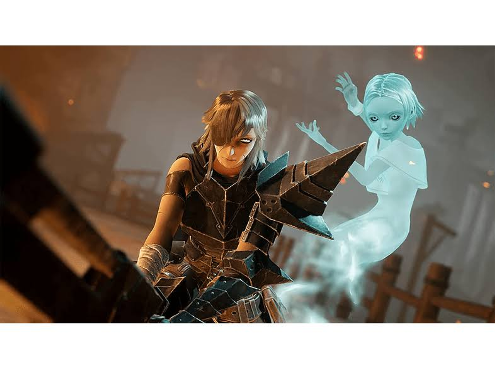Un personaggio con una spada guarda un fantasma in una scena di gioco. La scena è oscura e cupa.